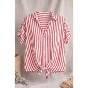 Beachlunchlounge Red White Stripe Tie Front Button Up Top Coastal Boho Cotton S